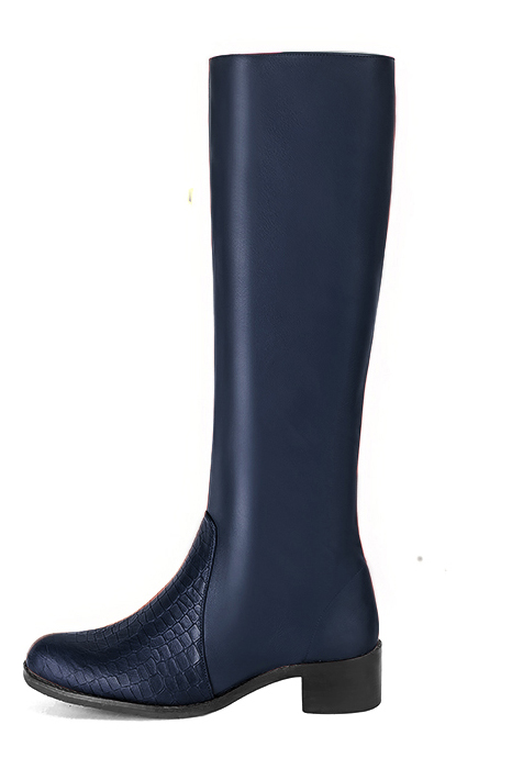 Navy blue women's riding knee-high boots. Round toe. Low leather soles. Made to measure. Profile view - Florence KOOIJMAN