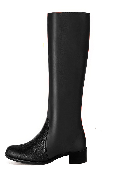 Satin black women's riding knee-high boots. Round toe. Low leather soles. Made to measure. Profile view - Florence KOOIJMAN