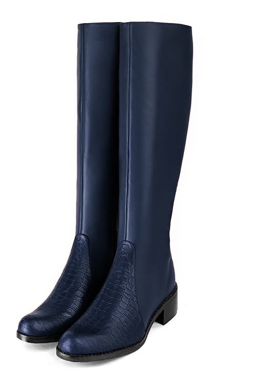 Navy blue women's riding knee-high boots. Round toe. Low leather soles. Made to measure. Front view - Florence KOOIJMAN