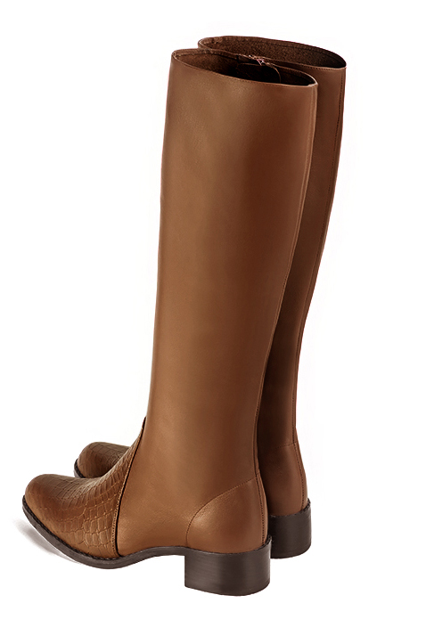 Caramel brown women's riding knee-high boots. Round toe. Low leather soles. Made to measure. Rear view - Florence KOOIJMAN