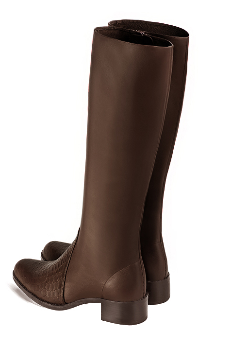 Dark brown women's riding knee-high boots. Round toe. Low leather soles. Made to measure. Rear view - Florence KOOIJMAN