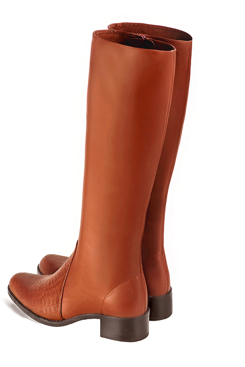 Terracotta orange women's riding knee-high boots. Round toe. Low leather soles. Made to measure. Rear view - Florence KOOIJMAN