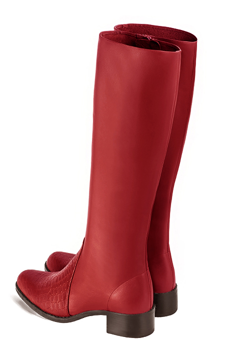 Scarlet red women's riding knee-high boots. Round toe. Low leather soles. Made to measure. Rear view - Florence KOOIJMAN