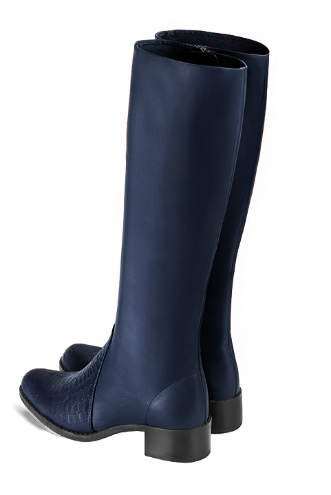 Navy blue women's riding knee-high boots. Round toe. Low leather soles. Made to measure. Rear view - Florence KOOIJMAN