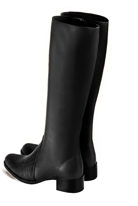 Satin black women's riding knee-high boots. Round toe. Low leather soles. Made to measure. Rear view - Florence KOOIJMAN