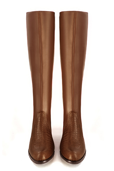 Caramel brown women's riding knee-high boots. Round toe. Low leather soles. Made to measure. Top view - Florence KOOIJMAN