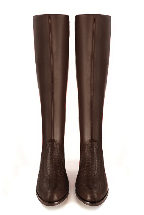 Dark brown women's riding knee-high boots. Round toe. Low leather soles. Made to measure. Top view - Florence KOOIJMAN