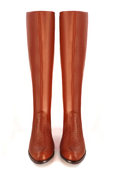 Terracotta orange women's riding knee-high boots. Round toe. Low leather soles. Made to measure. Top view - Florence KOOIJMAN