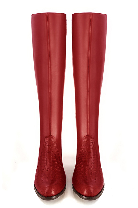 Scarlet red women's riding knee-high boots. Round toe. Low leather soles. Made to measure. Top view - Florence KOOIJMAN