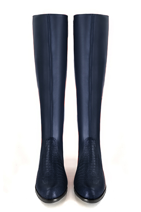 Navy blue women's riding knee-high boots. Round toe. Low leather soles. Made to measure. Top view - Florence KOOIJMAN