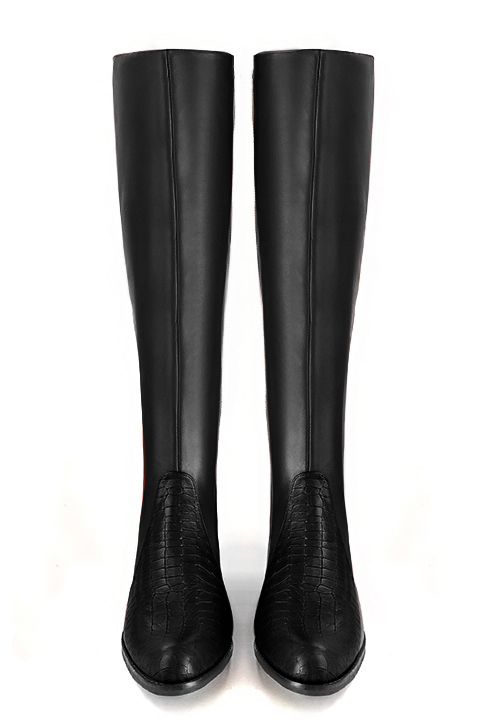 Satin black women's riding knee-high boots. Round toe. Low leather soles. Made to measure. Top view - Florence KOOIJMAN