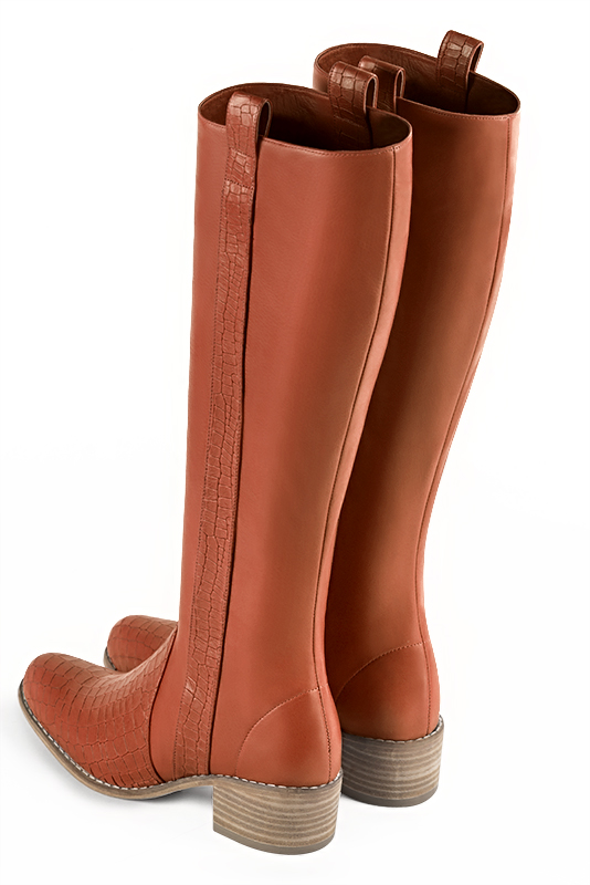 Custom-made women's terracotta orange elegant riding knee-high boots. Round toe. Thick leather soles - Rear view