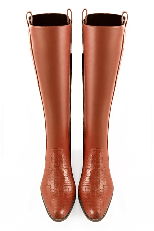 Custom-made women's terracotta orange elegant riding knee-high boots. Round toe. Thick leather soles- Top view