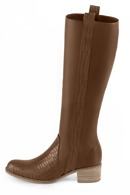 Custom-made women's caramel brown elegant riding knee-high boots. Round toe. Thick leather soles - Profile view