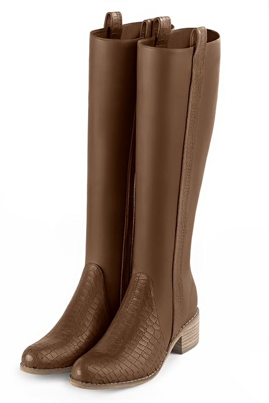 Custom-made women's caramel brown elegant riding knee-high boots. Round toe. Thick leather soles - Front view