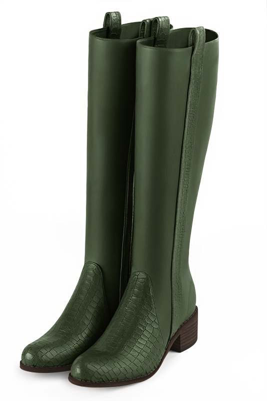Forest green women's riding knee-high boots. Round toe. Low leather soles. Made to measure. Front view - Florence KOOIJMAN