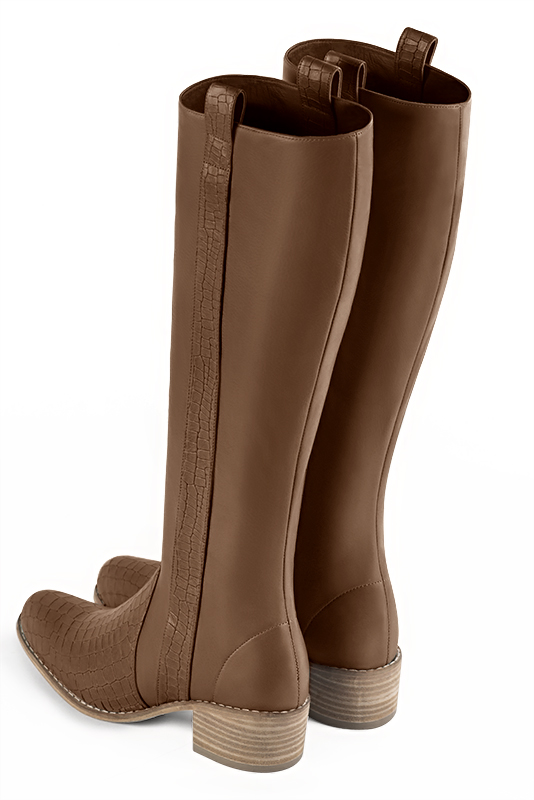 Custom-made women's caramel brown elegant riding knee-high boots. Round toe. Thick leather soles - Rear view