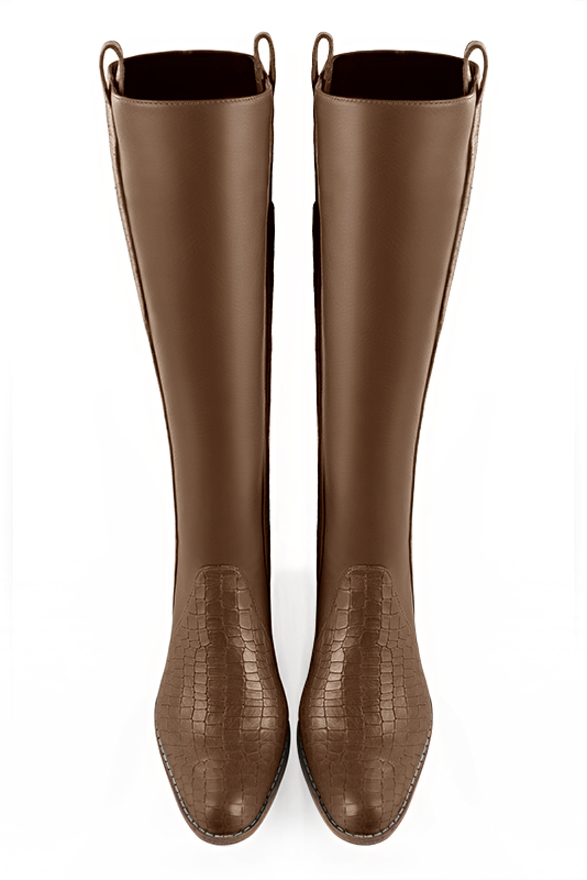 Custom-made women's caramel brown elegant riding knee-high boots. Round toe. Thick leather soles- Top view