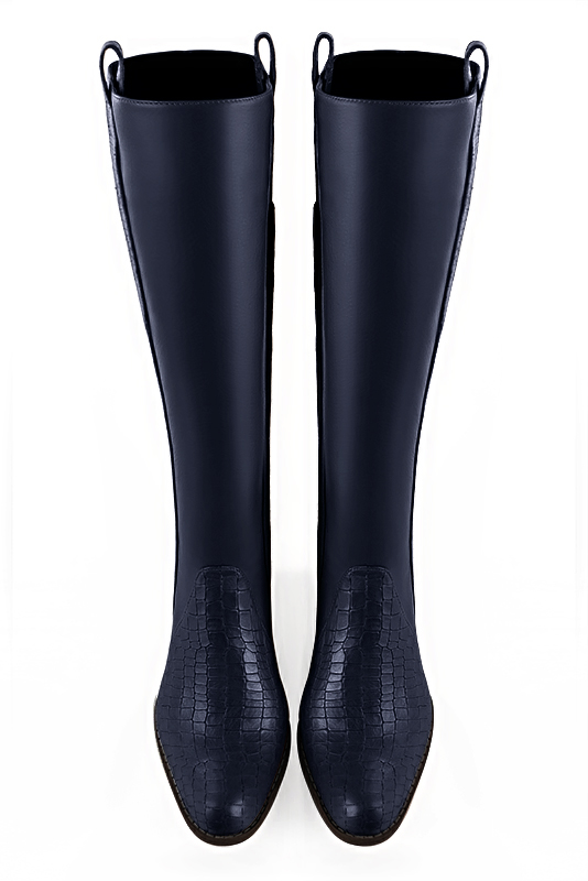 Navy blue women's riding knee-high boots. Round toe. Low leather soles. Made to measure. Top view - Florence KOOIJMAN
