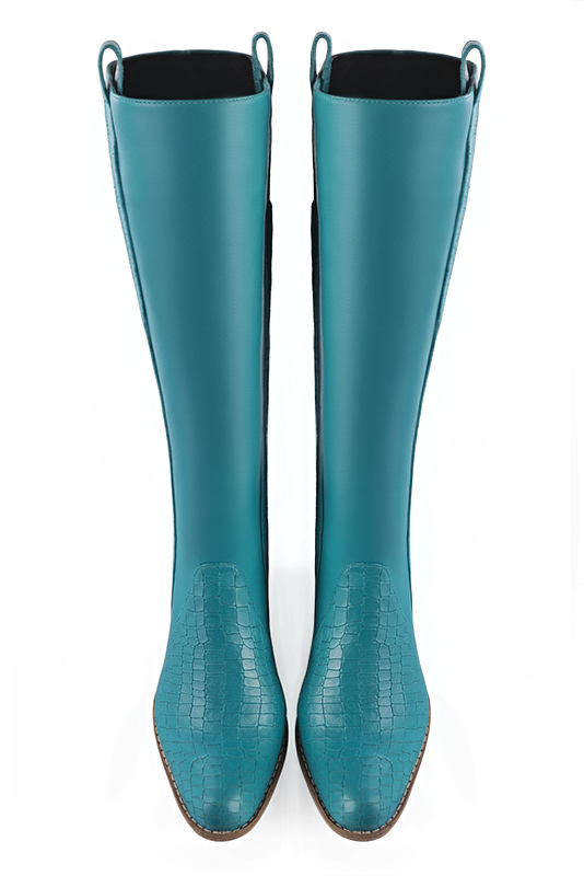 Turquoise blue women's riding knee-high boots. Round toe. Low leather soles. Made to measure. Top view - Florence KOOIJMAN