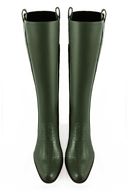 Forest green women's riding knee-high boots. Round toe. Low leather soles. Made to measure. Top view - Florence KOOIJMAN