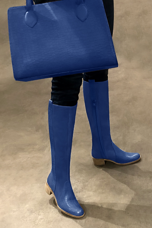 Electric blue women's riding knee-high boots. Round toe. Low leather soles. Made to measure. Worn view - Florence KOOIJMAN