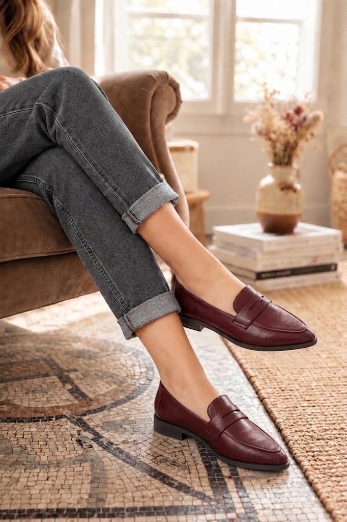 Women's burgundy classic penny loafers with almond toe and chunky rubber lug sole - Top view