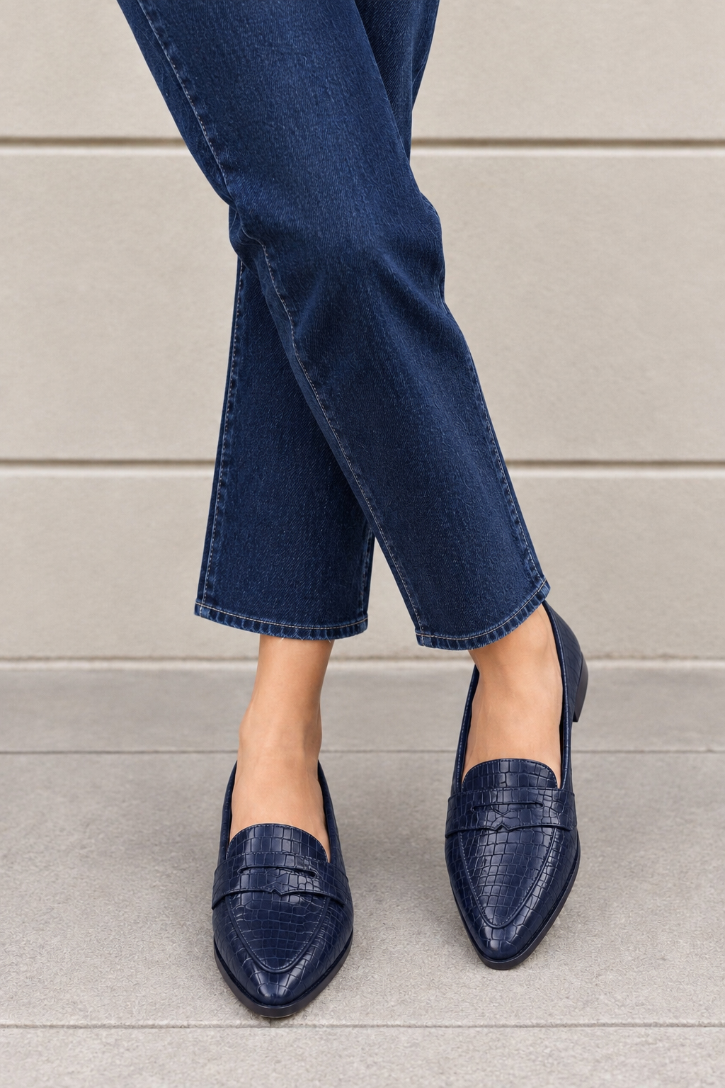 Women's navy blue classic penny loafers with almond toe and chunky rubber lug sole - Top view