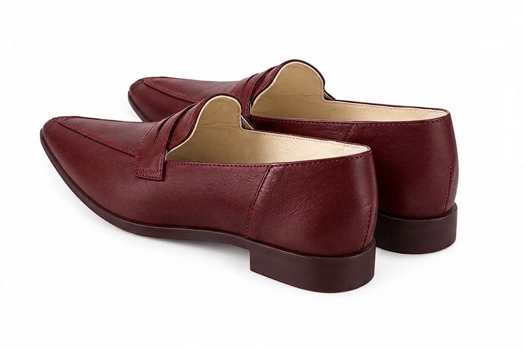 Women's burgundy classic penny loafers with almond toe and chunky rubber lug sole - Rear view