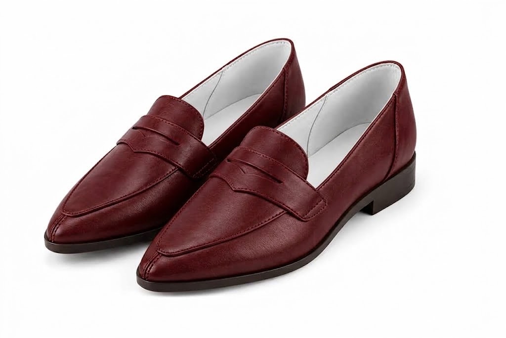 Women's burgundy classic penny loafers with almond toe and chunky rubber lug sole - Front view