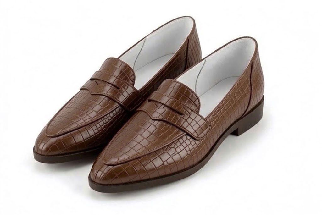 Women's cognac classic penny loafers with almond toe and chunky rubber lug sole - Front view