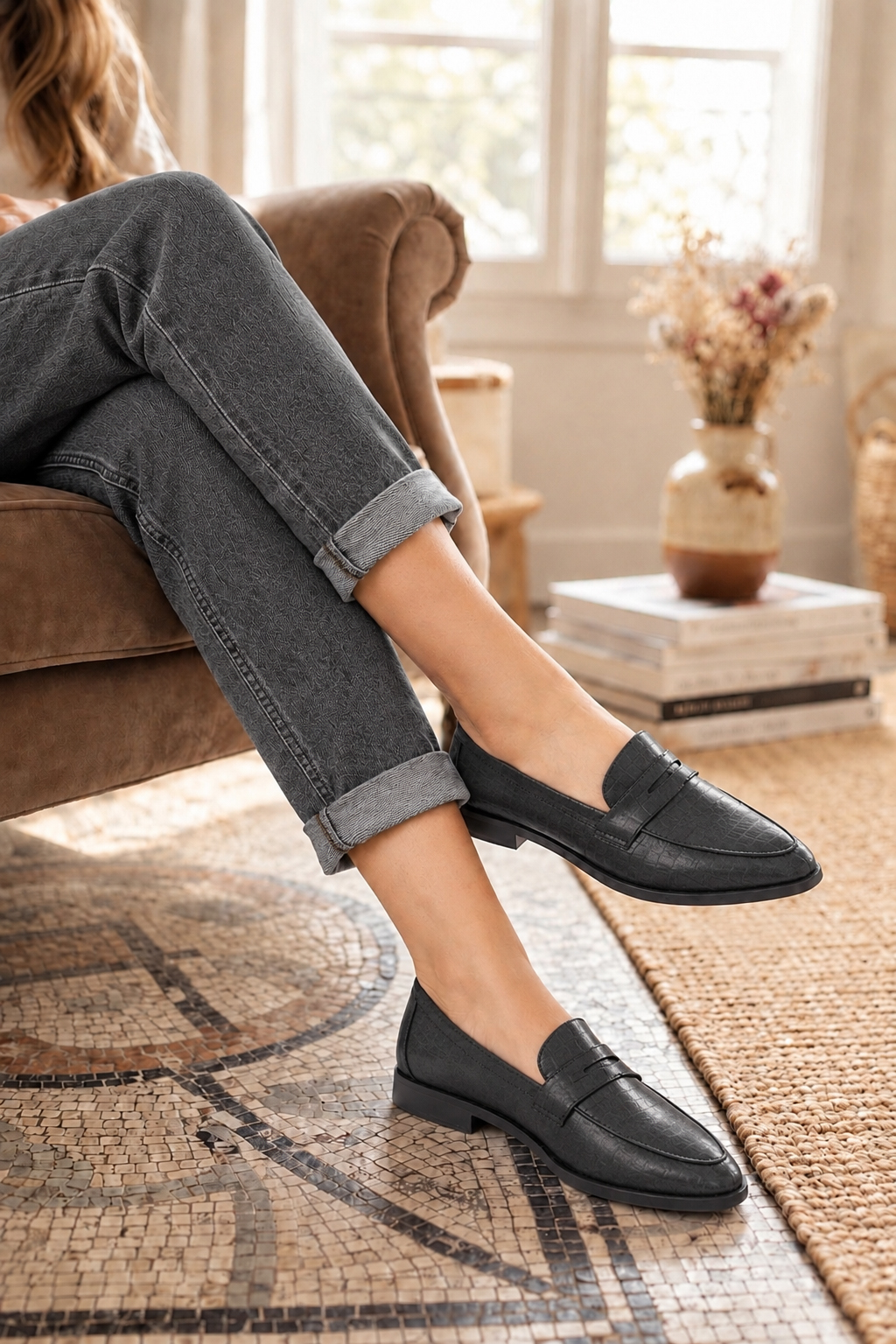Women's charcoal gray classic penny loafers with almond toe and chunky rubber lug sole - Top view