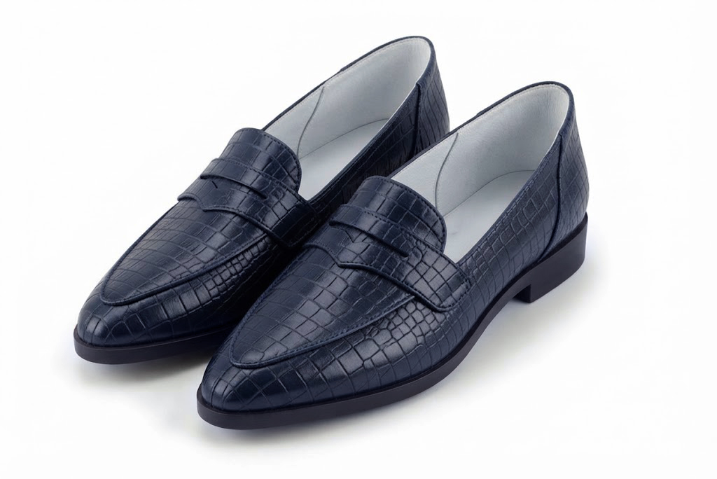 Women's navy blue classic penny loafers with almond toe and chunky rubber lug sole - Front view