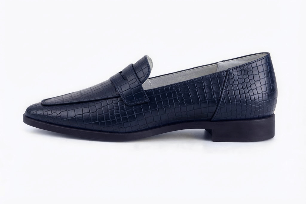 Timeless women's loafers crafted in smooth calfskin, offering clean silhouettes and effortless sophistication for work 
                    and casual wear, in navy blue leather with almond toe and chunky rubber lug sole - Florence KOOIJMAN