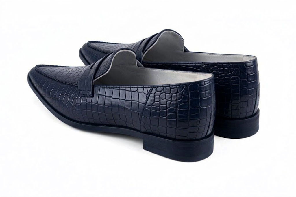 Women's navy blue classic penny loafers with almond toe and chunky rubber lug sole - Rear view