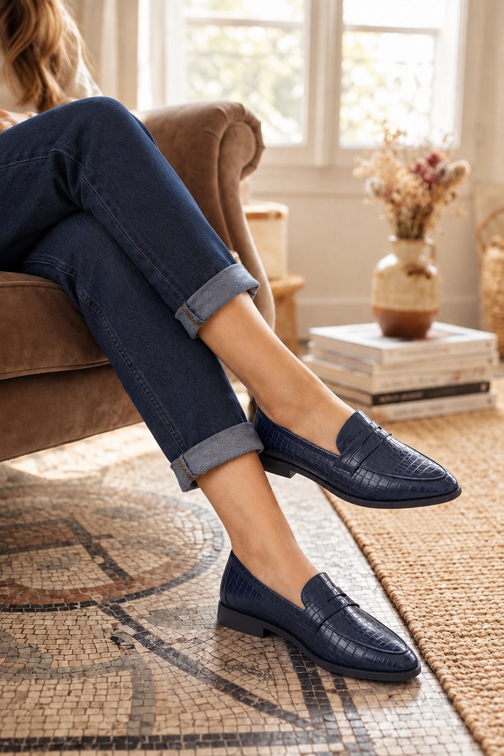 Women's navy blue classic penny loafers with almond toe and chunky rubber lug sole - Worn view