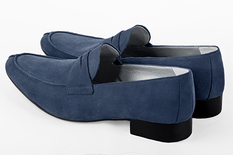 Denim blue dress loafers for men. Round toe. Flat leather soles. Rear view - Florence KOOIJMAN