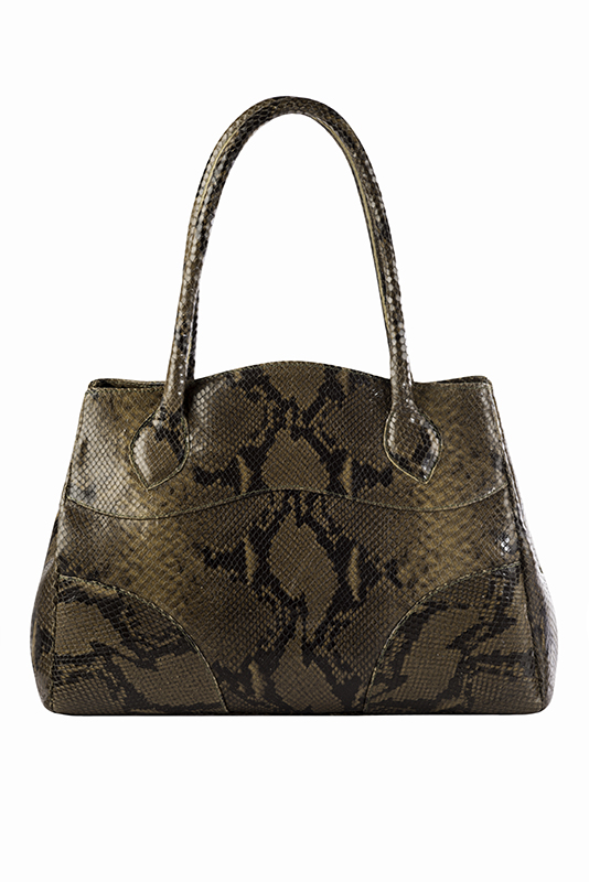 Khaki green women's dress handbag, matching pumps and belts. Top view - Florence KOOIJMAN