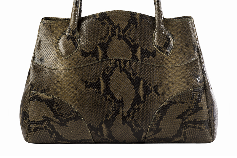 Khaki green women's dress handbag, matching pumps and belts. Profile view - Florence KOOIJMAN