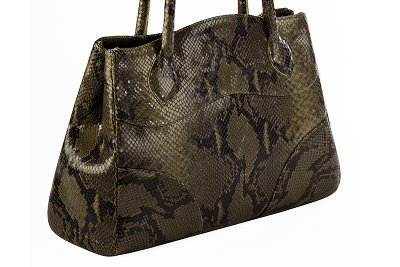 Khaki green women's dress handbag, matching pumps and belts. Front view - Florence KOOIJMAN