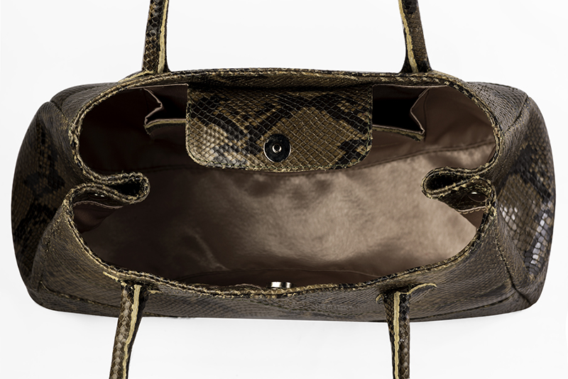 Khaki green women's dress handbag, matching pumps and belts. Rear view - Florence KOOIJMAN