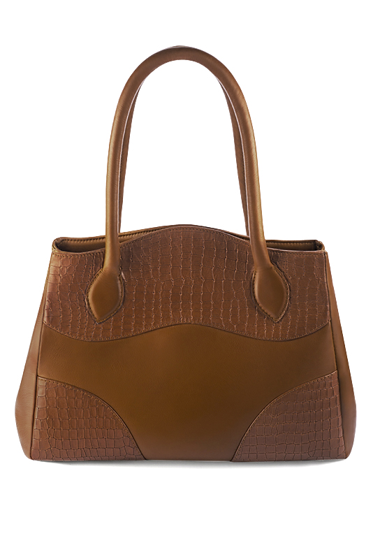 Caramel brown women's dress handbag, matching pumps and belts. Top view - Florence KOOIJMAN