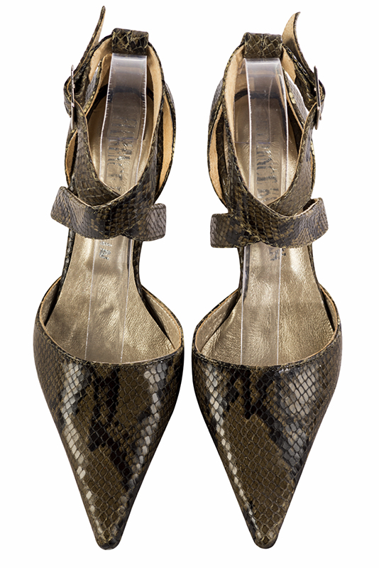 Khaki green women's dress handbag, matching pumps and belts. Worn view - Florence KOOIJMAN