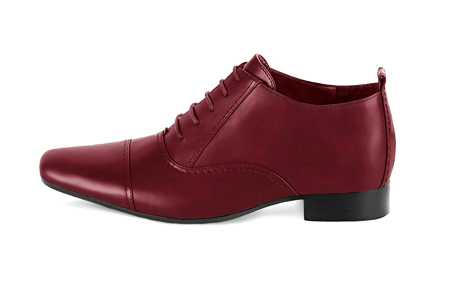 Burgundy red women's elegant lace-up shoes. Round toe. Flat leather soles. Profile view - Florence KOOIJMAN