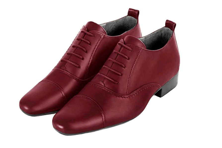 Burgundy red women's elegant lace-up shoes. Round toe. Flat leather soles. Front view - Florence KOOIJMAN