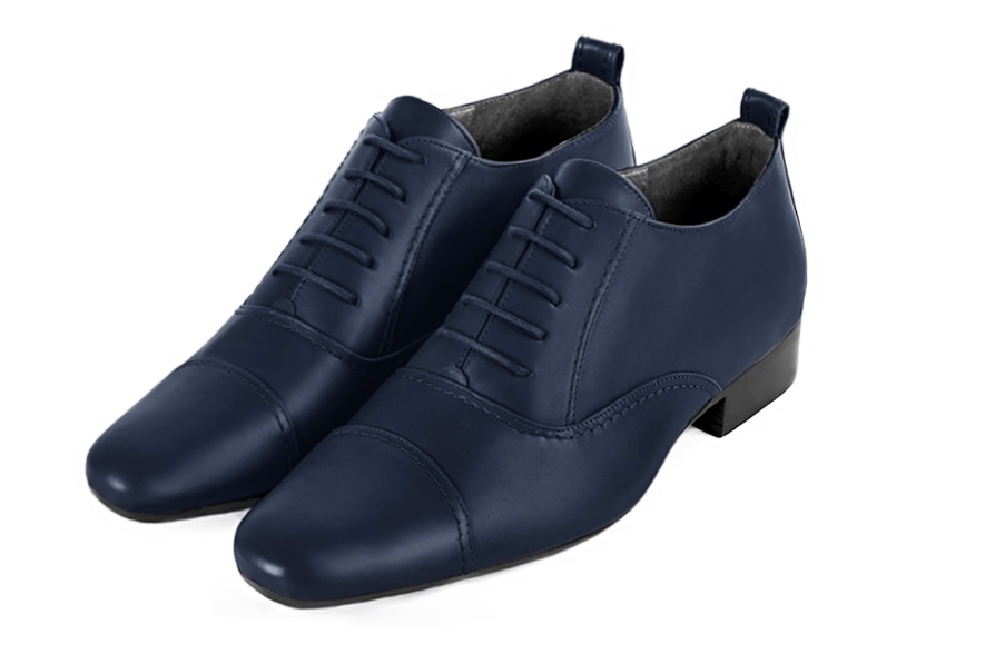 Navy blue women's elegant lace-up shoes. Round toe. Flat leather soles. Front view - Florence KOOIJMAN