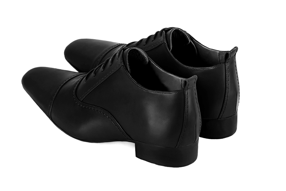 Satin black lace-up dress shoes for men. Round toe. Flat leather soles. Rear view - Florence KOOIJMAN