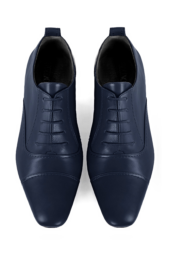 Navy blue women's elegant lace-up shoes. Round toe. Flat leather soles. Top view - Florence KOOIJMAN