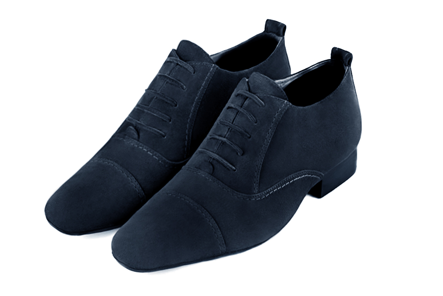 Navy blue lace-up dress shoes for men. Round toe. Flat leather soles. Front view - Florence KOOIJMAN