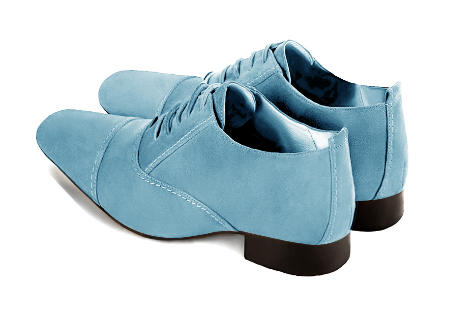 Sky blue women's elegant lace-up shoes. Round toe. Flat leather soles. Rear view - Florence KOOIJMAN